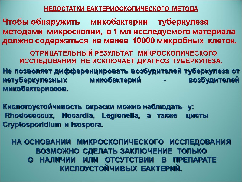 ОТРИЦАТЕЛЬНЫЙ РЕЗУЛЬТАТ   МИКРОСКОПИЧЕСКОГО   ИССЛЕДОВАНИЯ  НЕ ИСКЛЮЧАЕТ ДИАГНОЗ ТУБЕРКУЛЕЗА. 